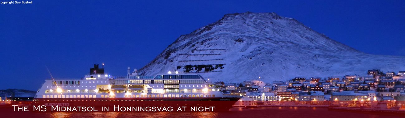 The MS Midnatsol in Honningsvåg at night